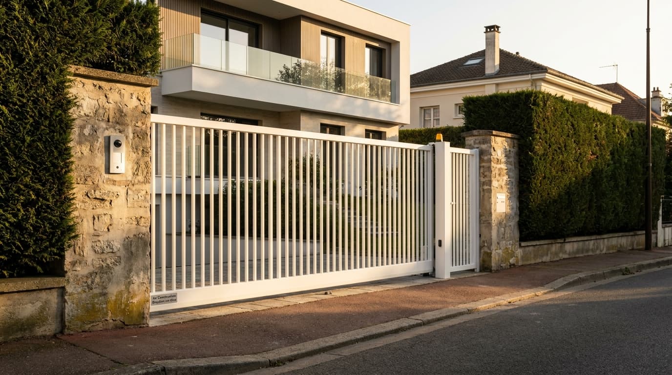 Portail autoportant cantilever motorisé Came BX-241 acier S235JR blanc RAL 9010 poutre 80×80 + barreaudage T 30×30 + portillon assorti — Boulogne-Billancourt (Hauts-de-Seine 92) — AZ Construction Bruyères-sur-Oise — EN 13241