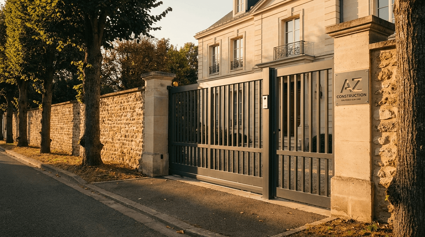 Portail autoportant cantilever motorisé Nice TWS40 acier S235JR poutre 80×80 + barreaudage T 30×30 + portillon assorti — Versailles (Yvelines 78) — AZ Construction Bruyères-sur-Oise — EN 13241
