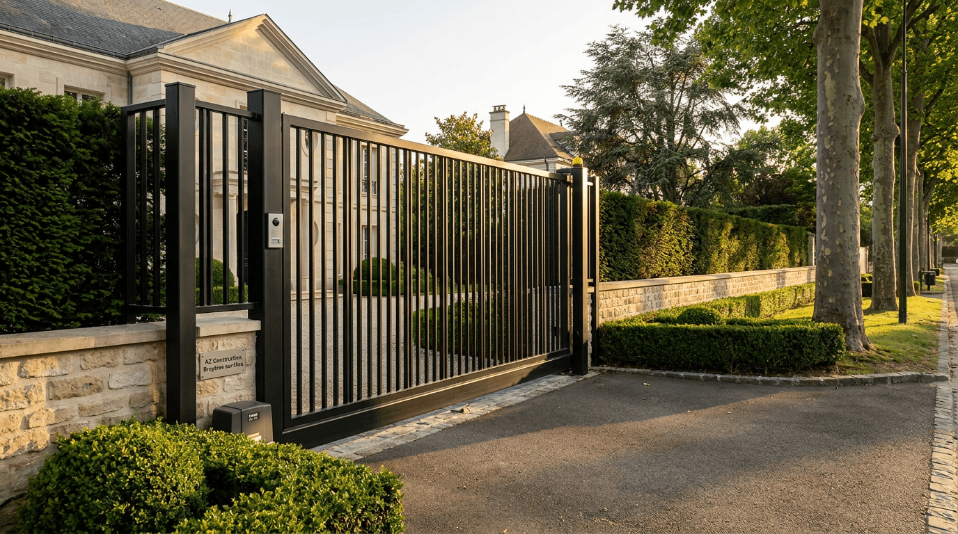 Portail autoportant cantilever motorisé Came BX-241 acier S235JR poutre 80×80 + barreaudage T 30×30 + portillon assorti — Saint-Germain-en-Laye (Yvelines 78) — AZ Construction Bruyères-sur-Oise — EN 13241