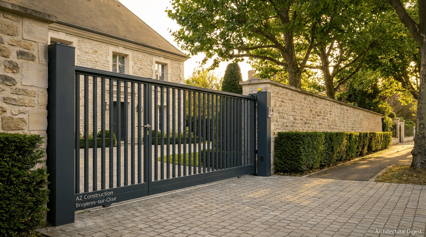 Portail autoportant cantilever motorisé Nice TWS40 acier S235JR poutre 80×80 + barreaudage T 30×30 + portillon assorti — Maisons-Laffitte (Yvelines 78) — AZ Construction Bruyères-sur-Oise — EN 13241