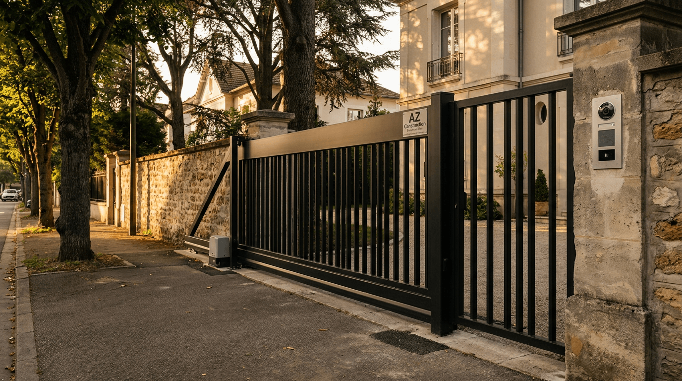 Portail autoportant cantilever motorisé Came BX-241 acier S235JR poutre 80×80 + barreaudage T 30×30 + portillon assorti — Suresnes (Hauts-de-Seine 92) — AZ Construction Bruyères-sur-Oise — EN 13241