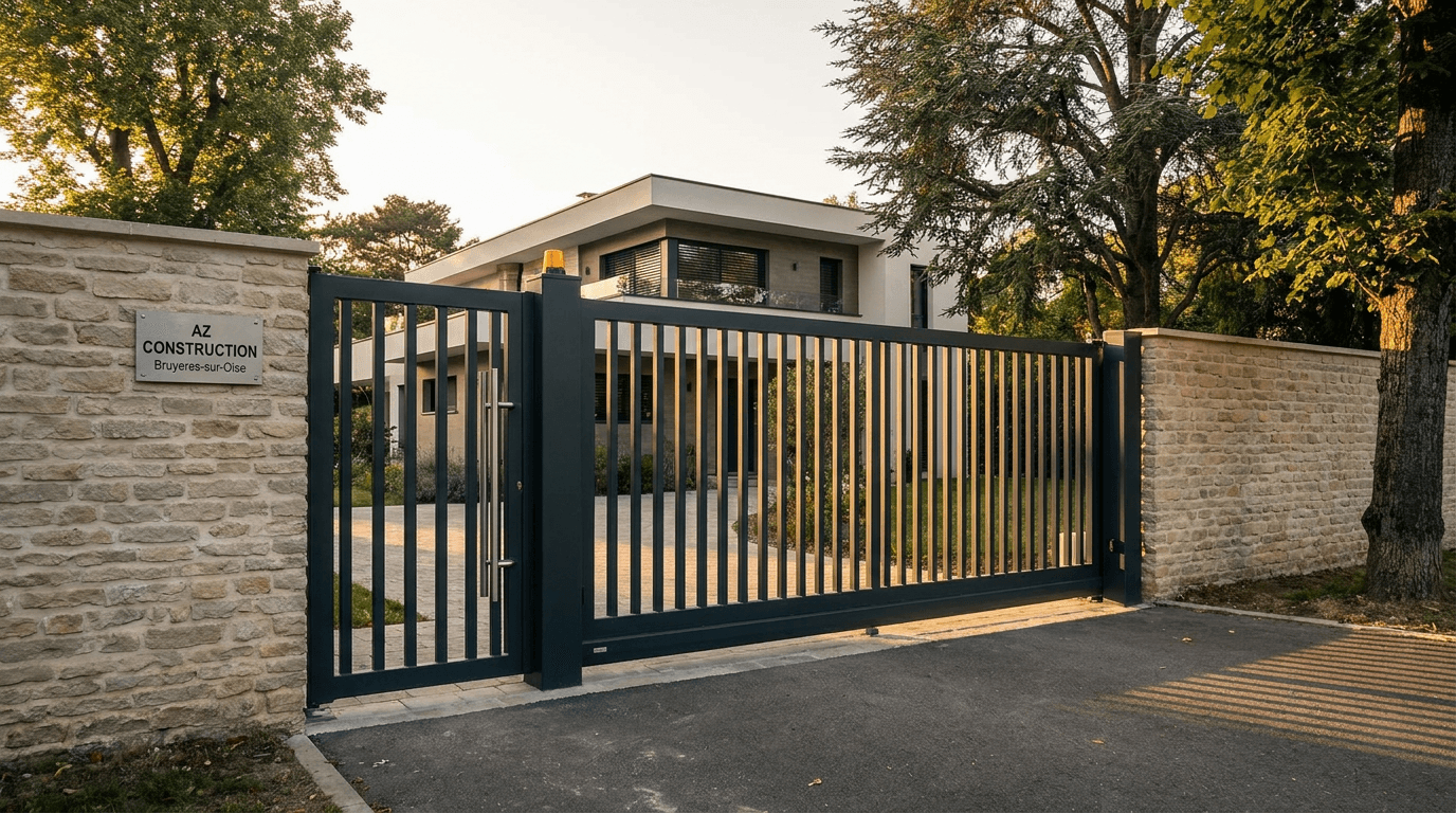 Portail autoportant cantilever motorisé Nice TWS40 acier S235JR poutre 80×80 + barreaudage T 30×30 + portillon assorti — Rueil-Malmaison (Hauts-de-Seine 92) — AZ Construction Bruyères-sur-Oise — EN 13241