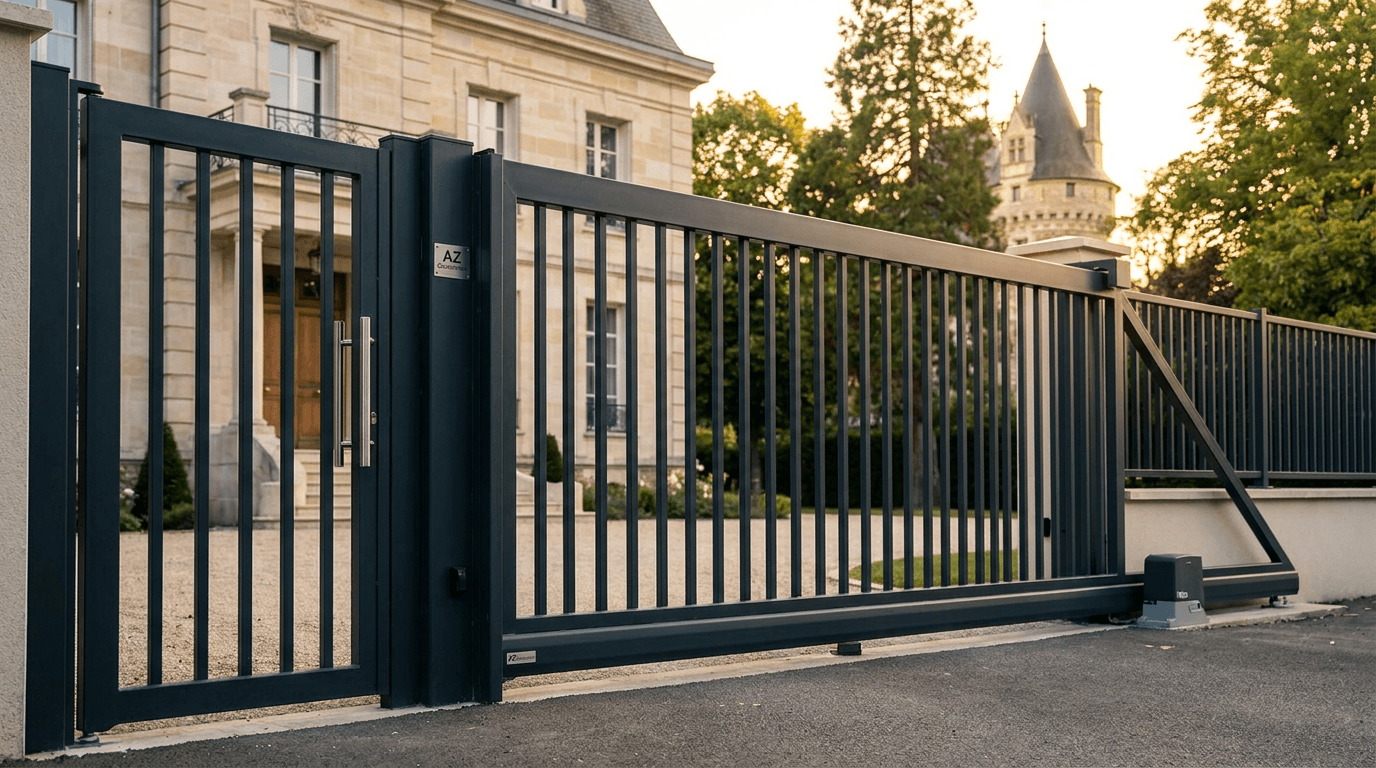 Portail autoportant cantilever motorisé Nice TWS40 acier S235JR poutre 80×80 + barreaudage T 30×30 + portillon assorti — Vincennes (Val-de-Marne 94) — AZ Construction Bruyères-sur-Oise — EN 13241