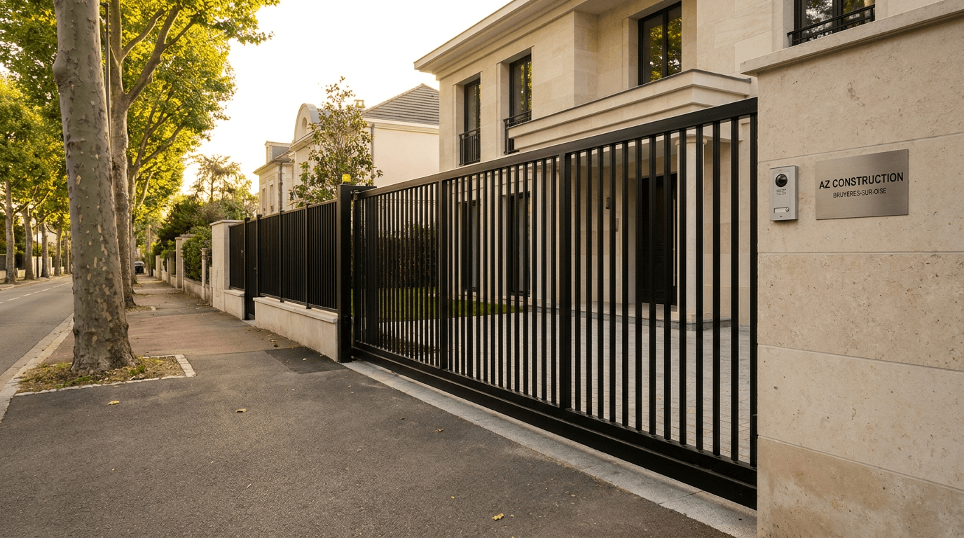 Portail autoportant cantilever motorisé Came BX-241 acier S235JR poutre 80×80 + barreaudage T 30×30 + portillon assorti — Saint-Mandé (Val-de-Marne 94) — AZ Construction Bruyères-sur-Oise — EN 13241