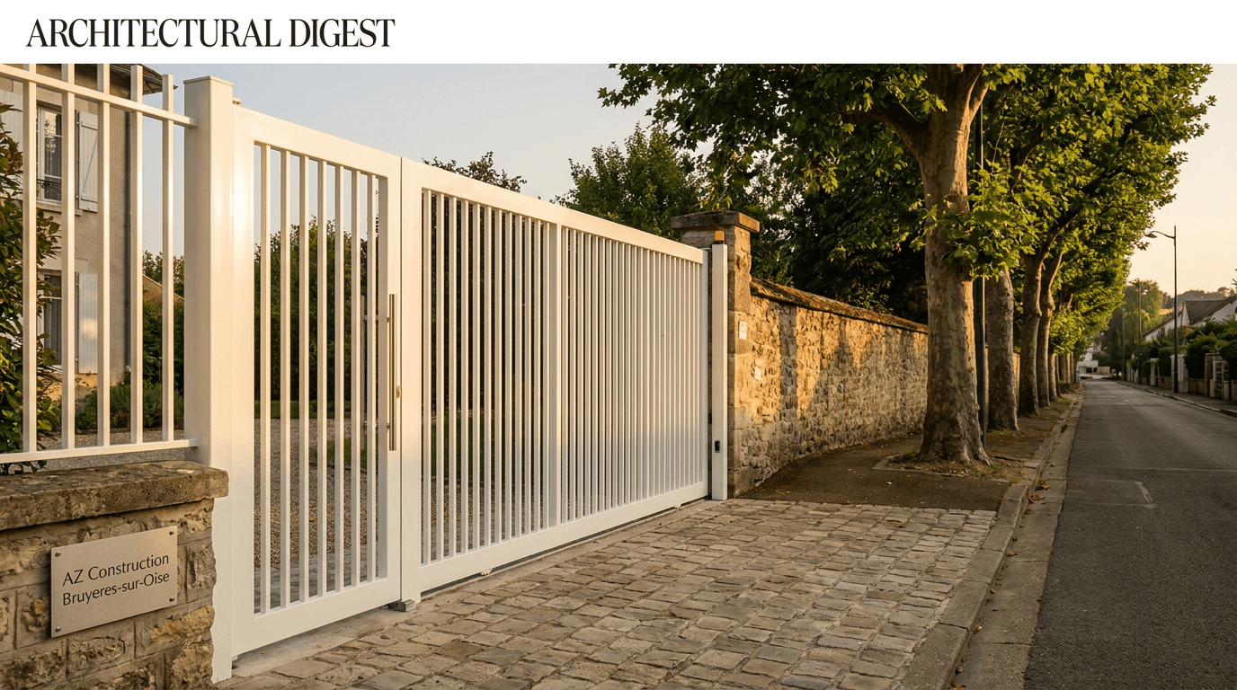 Portail autoportant cantilever motorisé Nice TWS40 acier S235JR blanc RAL 9010 poutre 80×80 + barreaudage T 30×30 + portillon assorti — Saint-Maur-des-Fossés (Val-de-Marne 94) — AZ Construction Bruyères-sur-Oise — EN 13241