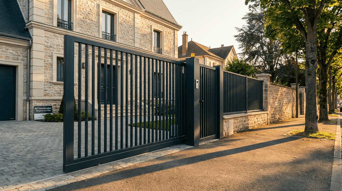 Portail autoportant cantilever motorisé Came BX-241 acier S235JR poutre 80×80 + barreaudage T 30×30 + portillon assorti — Charenton-le-Pont (Val-de-Marne 94) — AZ Construction Bruyères-sur-Oise — EN 13241