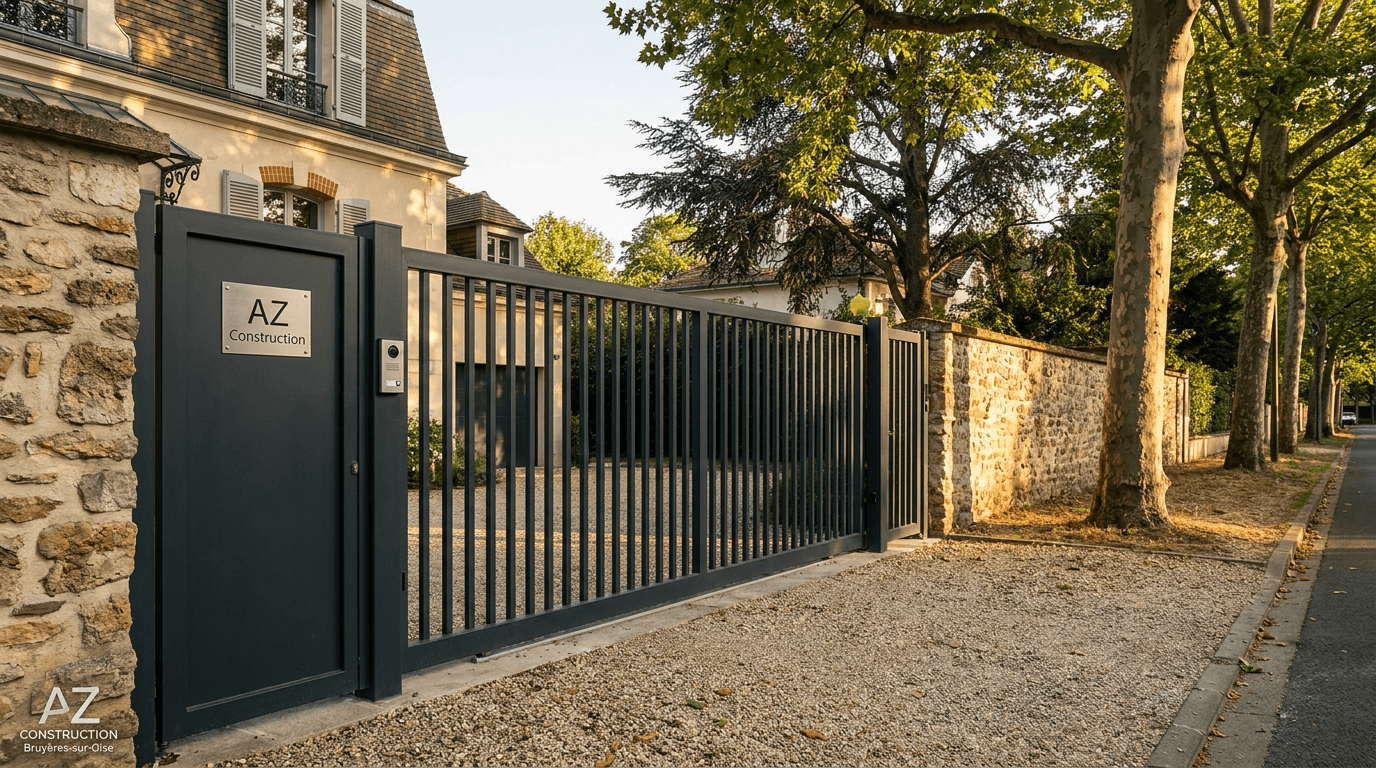 Portail autoportant cantilever motorisé Nice TWS40 acier S235JR poutre 80×80 + barreaudage T 30×30 + portillon assorti — Le Vésinet (Yvelines 78) — AZ Construction Bruyères-sur-Oise — EN 13241