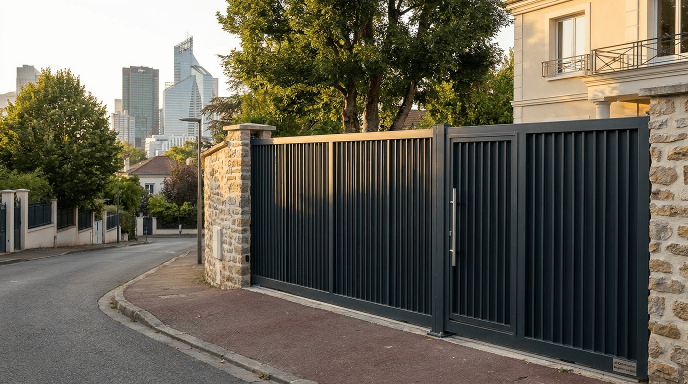 Portail autoportant cantilever motorisé Nice TWS40 acier S235JR poutre 80×80 + barreaudage T 30×30 + portillon assorti — Nanterre (Hauts-de-Seine 92) — AZ Construction Bruyères-sur-Oise — EN 13241