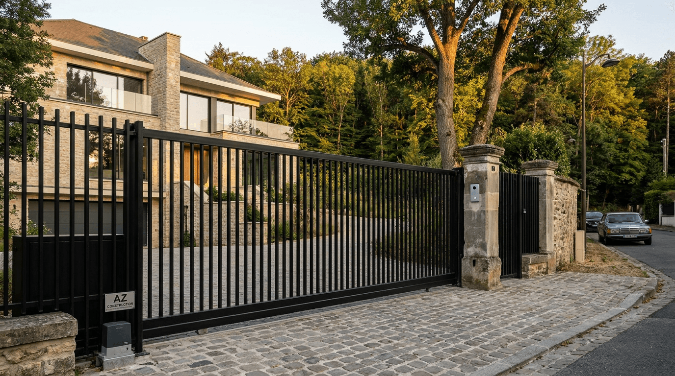 Portail autoportant cantilever motorisé Came BX-241 acier S235JR poutre 80×80 + barreaudage T 30×30 + portillon assorti — Meudon (Hauts-de-Seine 92) — AZ Construction Bruyères-sur-Oise — EN 13241