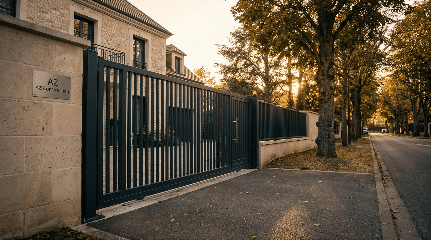 Portail autoportant cantilever motorisé Nice TWS40 acier S235JR poutre 80×80 + barreaudage T 30×30 + portillon assorti — Antony (Hauts-de-Seine 92) — AZ Construction Bruyères-sur-Oise — EN 13241