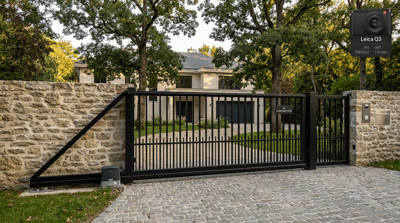 Portail autoportant cantilever motorisé Came BX-241 acier S235JR poutre 80×80 + barreaudage T 30×30 + portillon assorti — Sceaux (Hauts-de-Seine 92) — AZ Construction Bruyères-sur-Oise — EN 13241