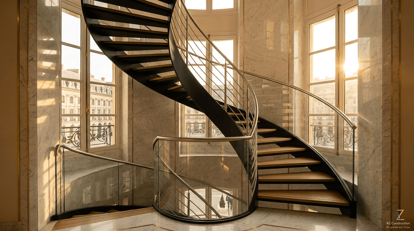Escalier hélicoïdal acier S355JR limon central + marches chêne + main courante inox brossé — Paris 1er Place Vendôme — AZ Construction Bruyères-sur-Oise — NF P01-012