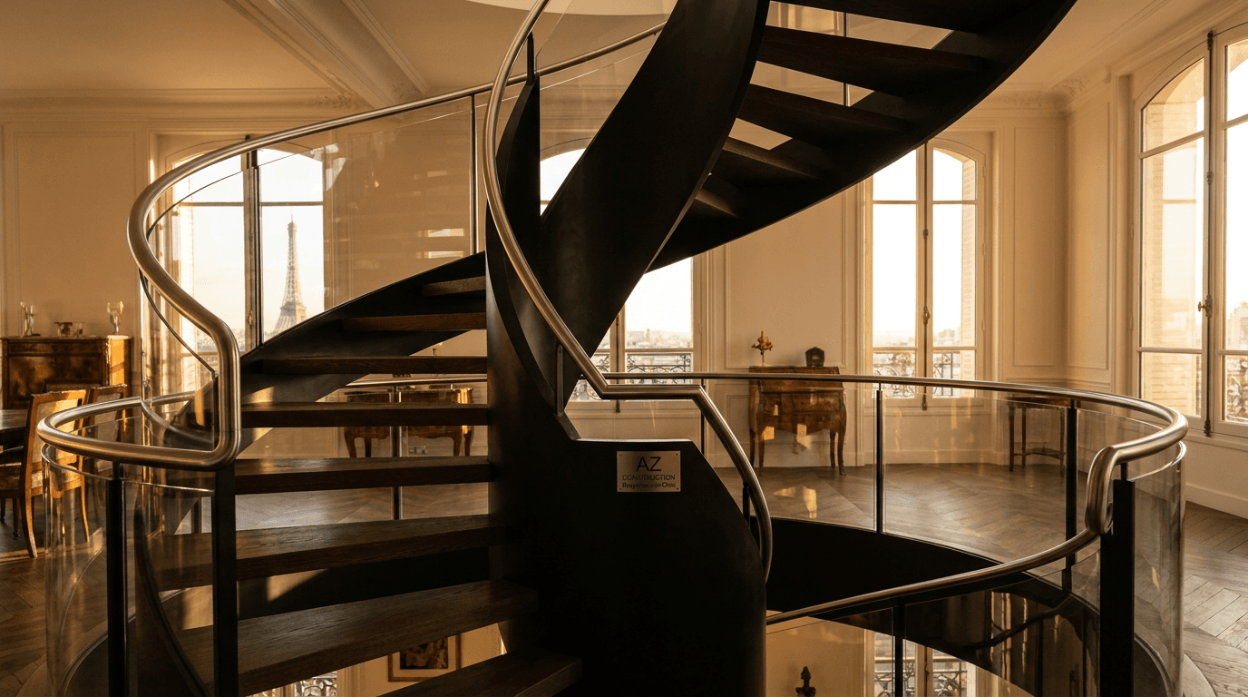 Escalier hélicoïdal acier S355JR limon central + marches chêne + main courante inox brossé + balustrade verre — Paris 7e Tour Eiffel — AZ Construction Bruyères-sur-Oise — NF P01-012
