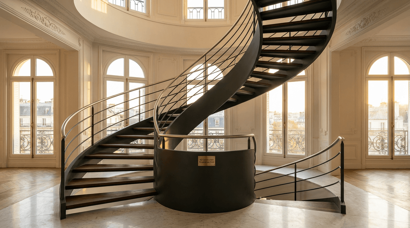 Escalier hélicoïdal acier S355JR limon central + marches noyer + main courante inox brossé — Paris 8e Champs-Élysées — AZ Construction Bruyères-sur-Oise — NF P01-012