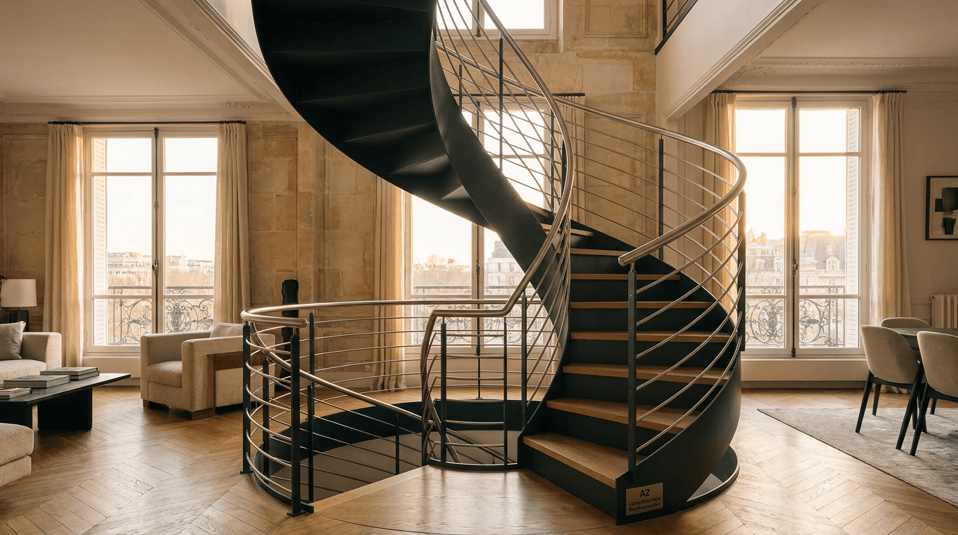 Escalier hélicoïdal acier S355JR limon central + marches chêne + main courante inox brossé — Paris 17e Étoile — AZ Construction Bruyères-sur-Oise — NF P01-012