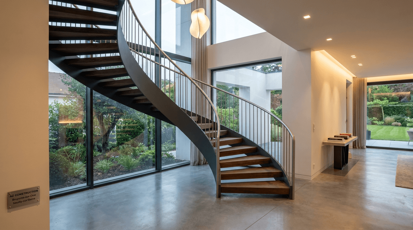 Escalier hélicoïdal acier S355JR limon central + marches noyer + main courante inox brossé — Neuilly-sur-Seine (Hauts-de-Seine 92) — AZ Construction Bruyères-sur-Oise — NF P01-012