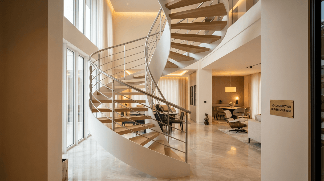 Escalier hélicoïdal acier S355JR blanc RAL 9010 limon central + marches chêne clair + main courante inox brossé — Boulogne-Billancourt (Hauts-de-Seine 92) — AZ Construction Bruyères-sur-Oise — NF P01-012