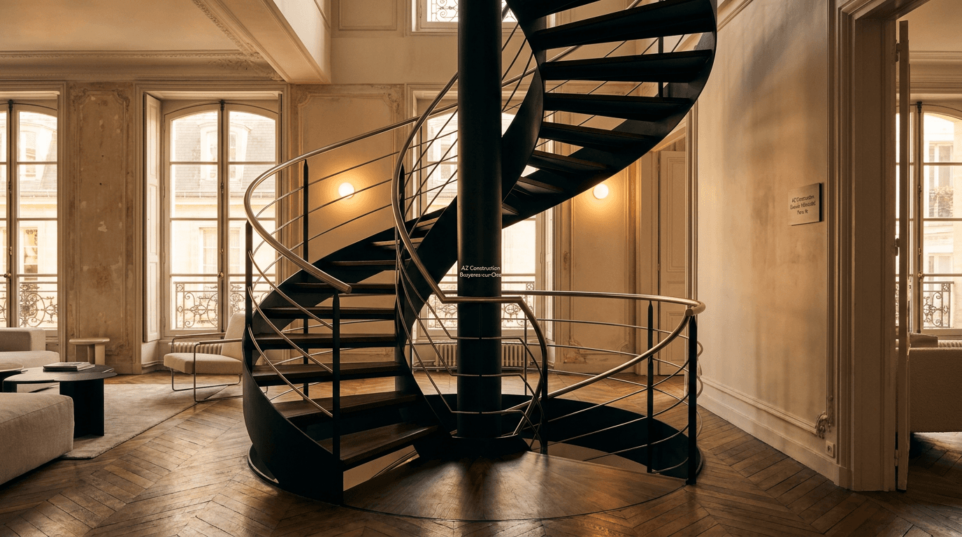 Escalier hélicoïdal acier S355JR limon central + marches noyer + main courante inox brossé — Paris 4e Marais — AZ Construction Bruyères-sur-Oise — NF P01-012