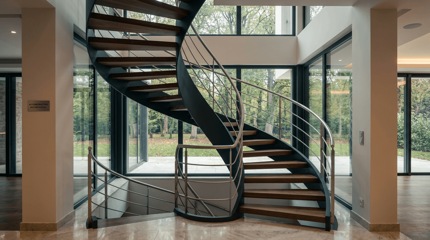 Escalier hélicoïdal acier S355JR limon central + marches noyer + main courante inox brossé — Saint-Mandé (Val-de-Marne 94) — AZ Construction Bruyères-sur-Oise — NF P01-012
