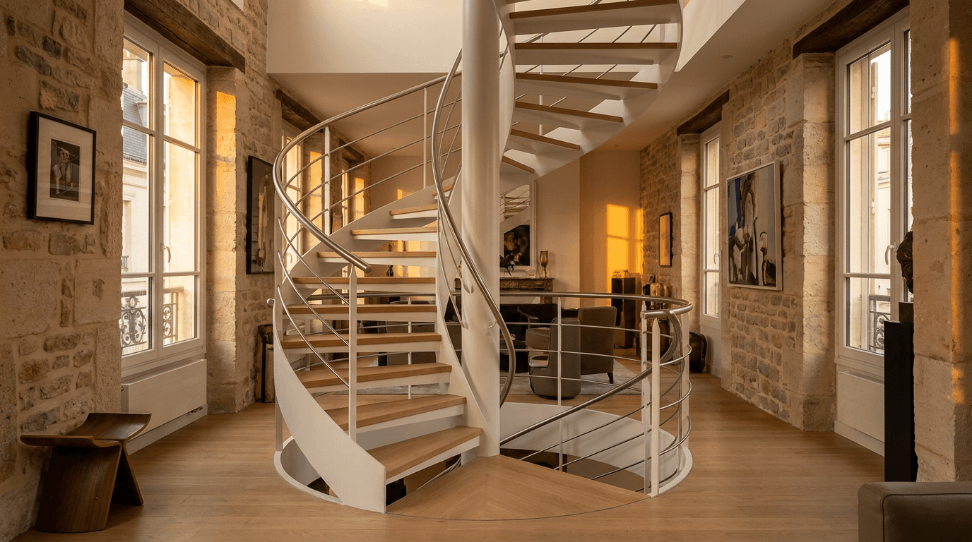 Escalier hélicoïdal acier S355JR blanc RAL 9010 limon central + marches chêne clair + main courante inox brossé — Paris 3e Marais — AZ Construction Bruyères-sur-Oise — NF P01-012