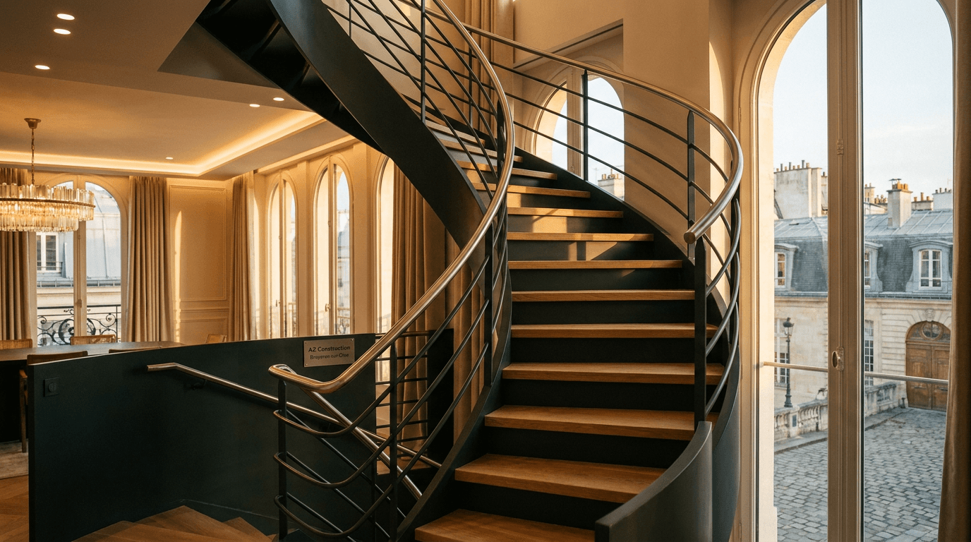 Escalier hélicoïdal acier S355JR limon central + marches chêne + main courante inox brossé — Paris 5e Quartier Latin — AZ Construction Bruyères-sur-Oise — NF P01-012
