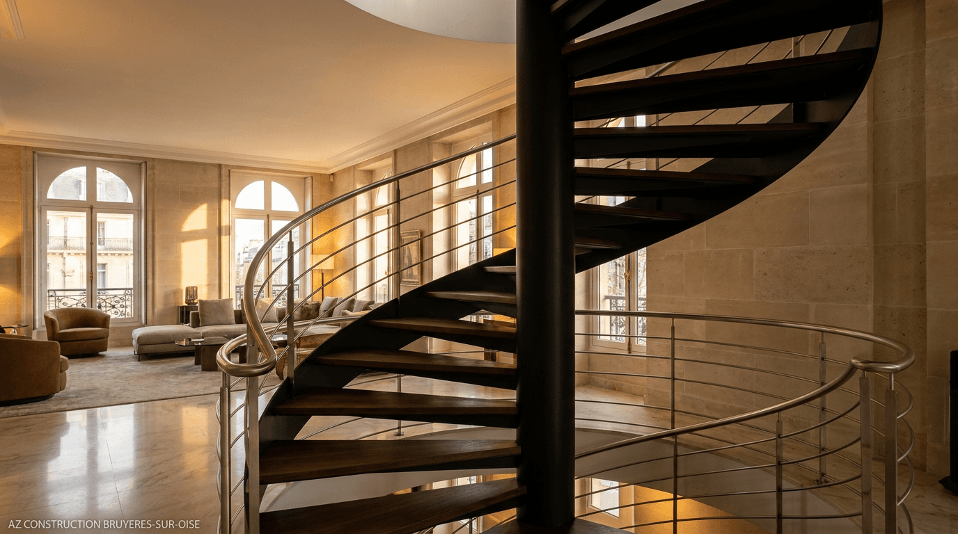 Escalier hélicoïdal acier S355JR limon central + marches noyer + main courante inox brossé — Paris 9e Opéra — AZ Construction Bruyères-sur-Oise — NF P01-012