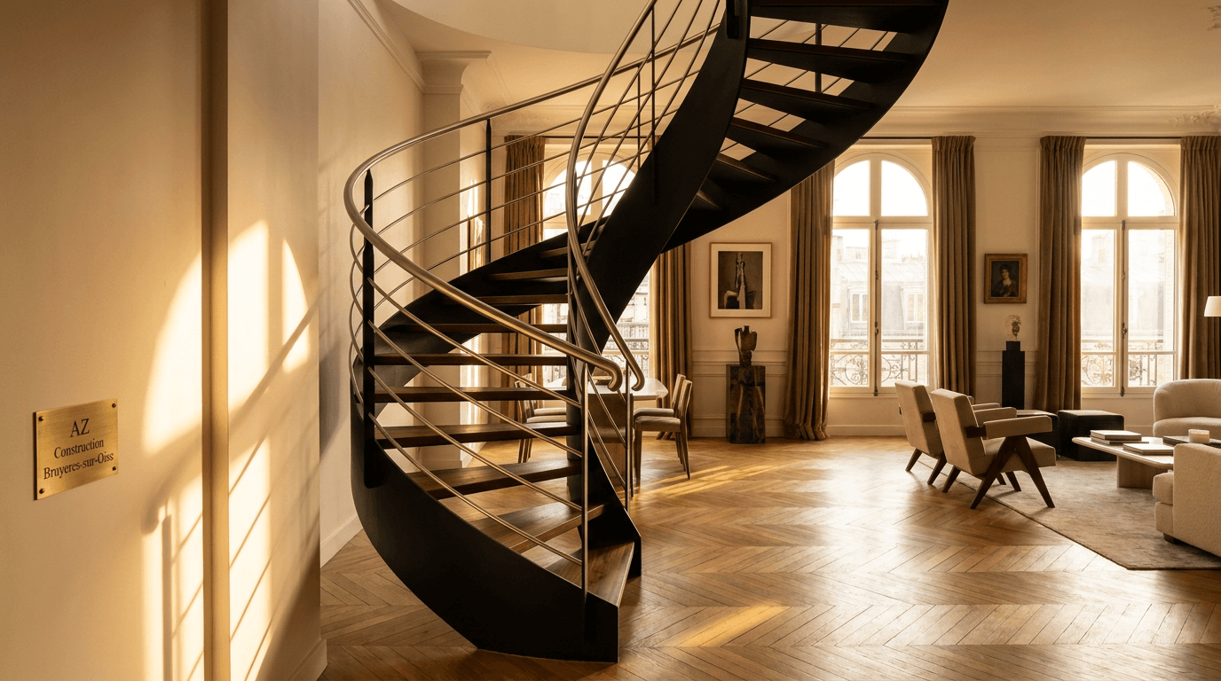 Escalier hélicoïdal acier S355JR limon central + marches noyer + main courante inox brossé — Paris 12e Bercy — AZ Construction Bruyères-sur-Oise — NF P01-012
