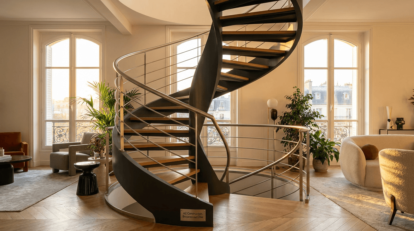 Escalier hélicoïdal acier S355JR limon central + marches chêne + main courante inox brossé — Paris 13e Place d'Italie — AZ Construction Bruyères-sur-Oise — NF P01-012