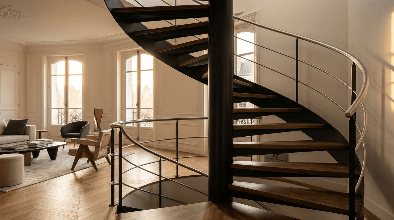 Escalier hélicoïdal acier S355JR limon central + marches noyer + main courante inox brossé — Paris 14e Montparnasse — AZ Construction Bruyères-sur-Oise — NF P01-012