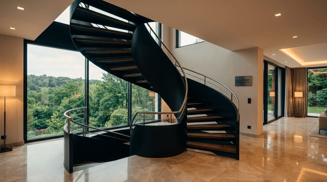 Escalier hélicoïdal acier S355JR limon central + marches noyer + main courante inox brossé — Meudon (Hauts-de-Seine 92) — AZ Construction Bruyères-sur-Oise — NF P01-012