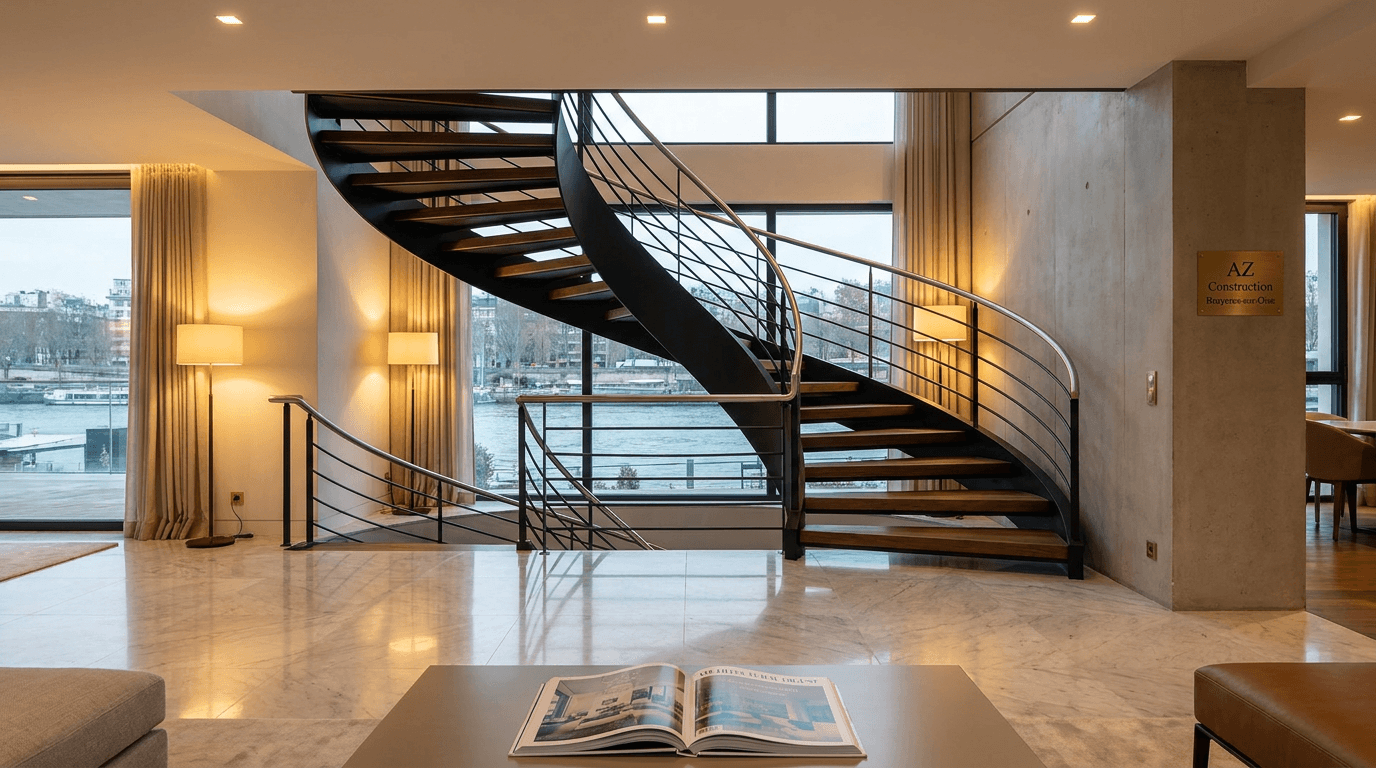 Escalier hélicoïdal acier S355JR limon central + marches noyer + main courante inox brossé — Asnières-sur-Seine (Hauts-de-Seine 92) — AZ Construction Bruyères-sur-Oise — NF P01-012
