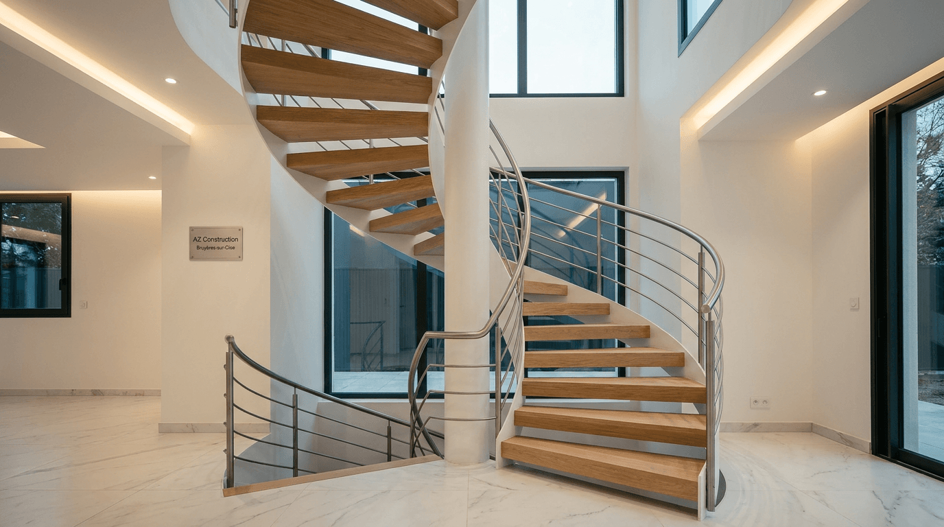 Escalier hélicoïdal acier S355JR blanc RAL 9010 limon central + marches chêne clair + main courante inox brossé — Pontoise (Val-d'Oise 95) — AZ Construction Bruyères-sur-Oise — NF P01-012