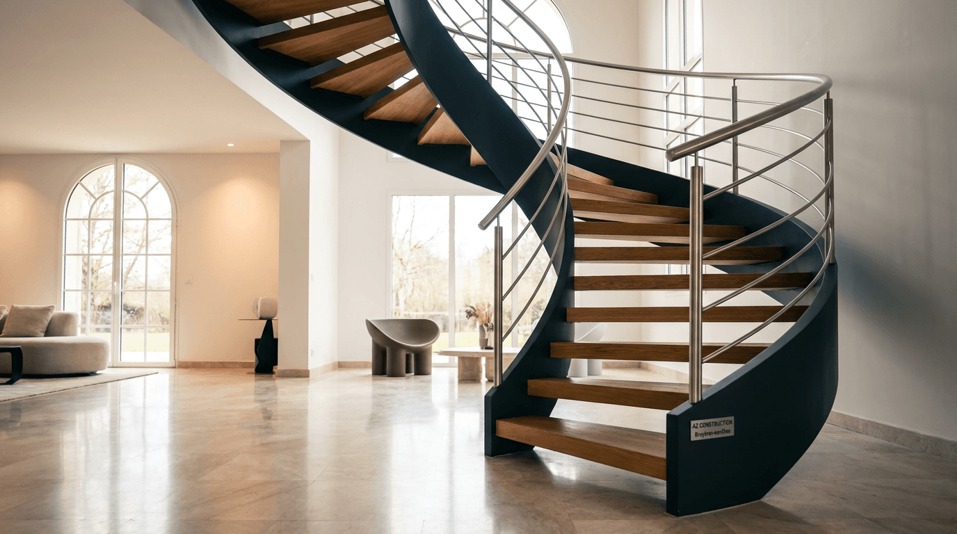 Escalier hélicoïdal acier S355JR limon central + marches chêne + main courante inox brossé — Saclay (Essonne 91) — AZ Construction Bruyères-sur-Oise — NF P01-012