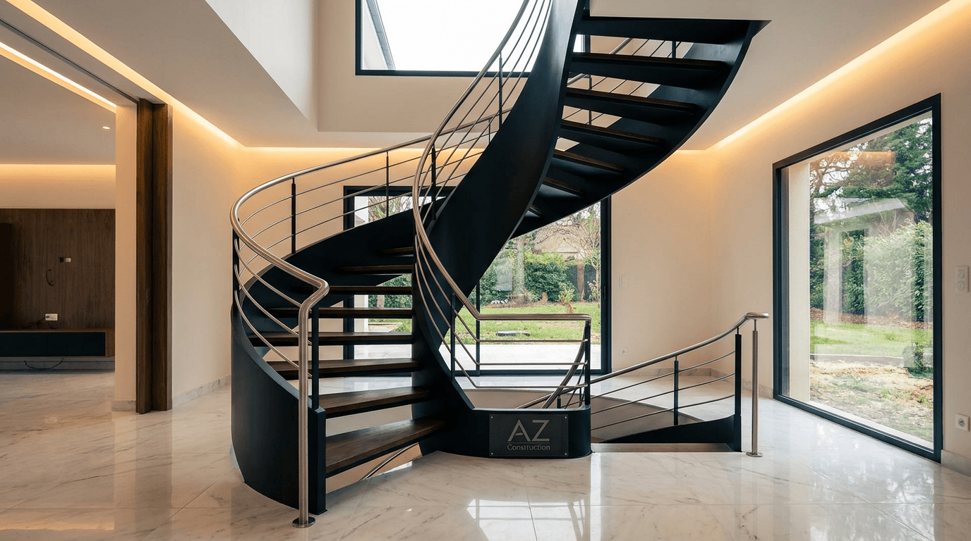 Escalier hélicoïdal acier S355JR limon central + marches noyer + main courante inox brossé — Palaiseau (Essonne 91) — AZ Construction Bruyères-sur-Oise — NF P01-012