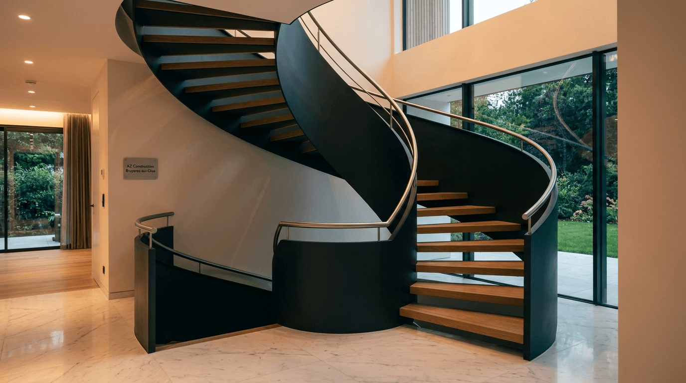 Escalier hélicoïdal acier S355JR limon central + marches chêne + main courante inox brossé — Orsay (Essonne 91) — AZ Construction Bruyères-sur-Oise — NF P01-012