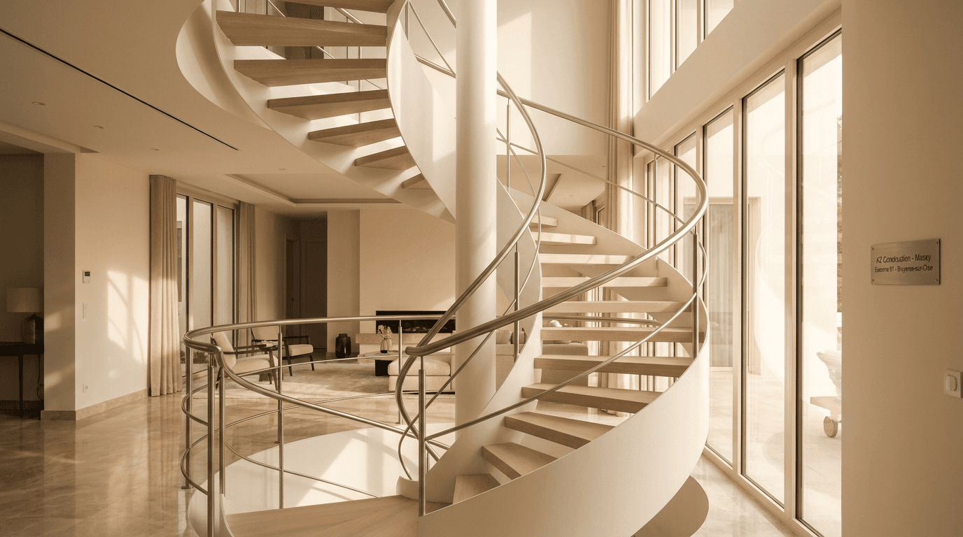 Escalier hélicoïdal acier S355JR blanc RAL 9010 limon central + marches chêne clair + main courante inox brossé — Massy (Essonne 91) — AZ Construction Bruyères-sur-Oise — NF P01-012