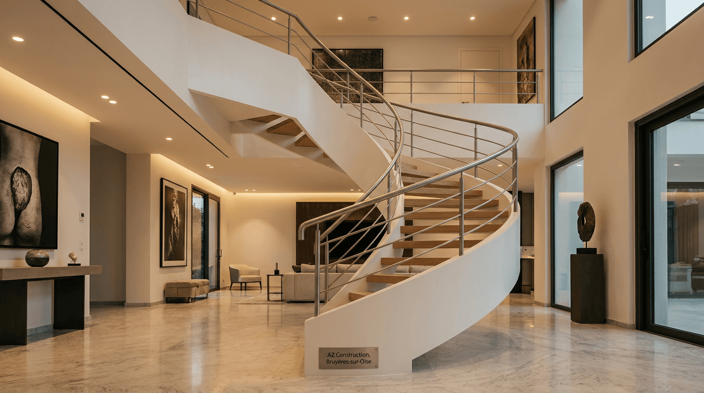 Escalier hélicoïdal acier S355JR blanc RAL 9010 limon central + marches chêne clair + main courante inox brossé — Montmorency (Val-d'Oise 95) — AZ Construction Bruyères-sur-Oise — NF P01-012