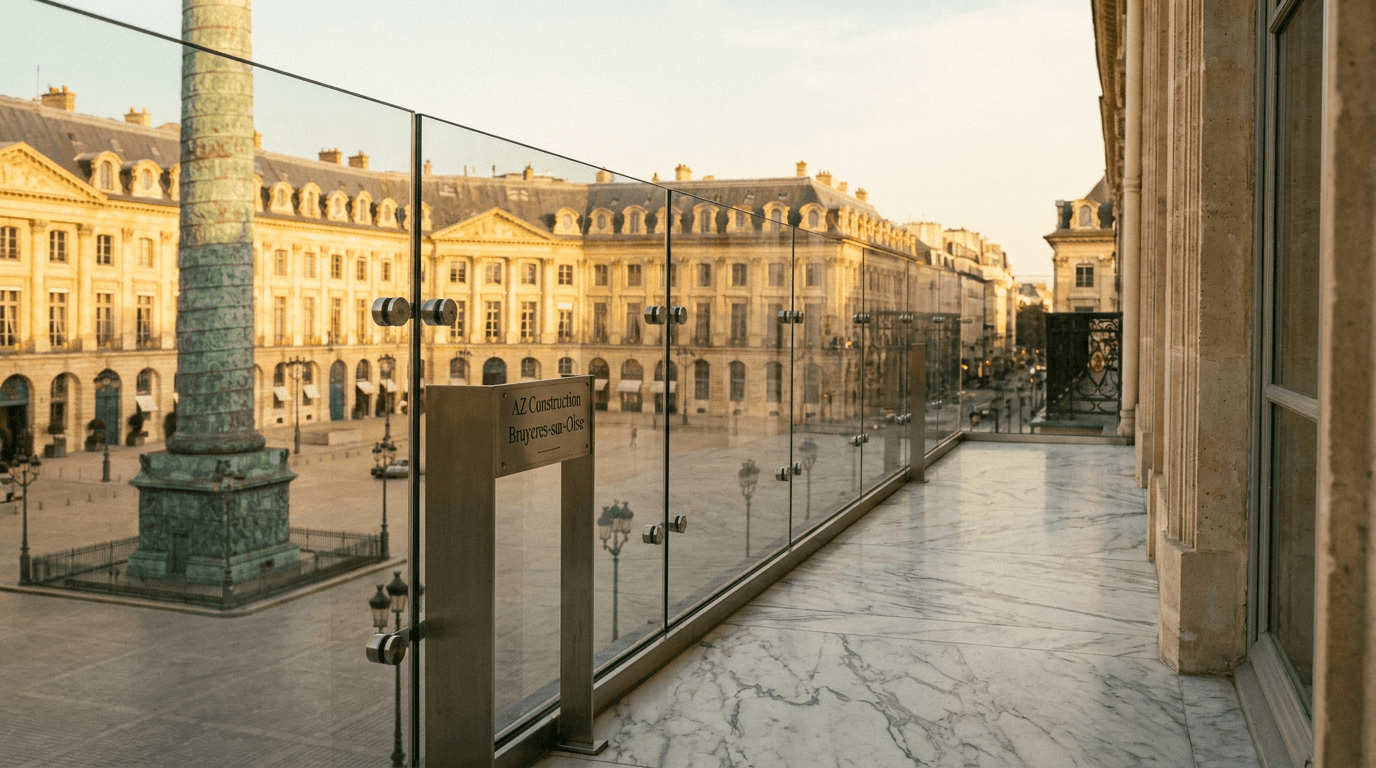 Garde-corps verre frameless feuilleté 8+8 mm Saint-Gobain Diamant + fixations inox — Paris 1er Place Vendôme — AZ Construction Bruyères-sur-Oise — NF P01-012