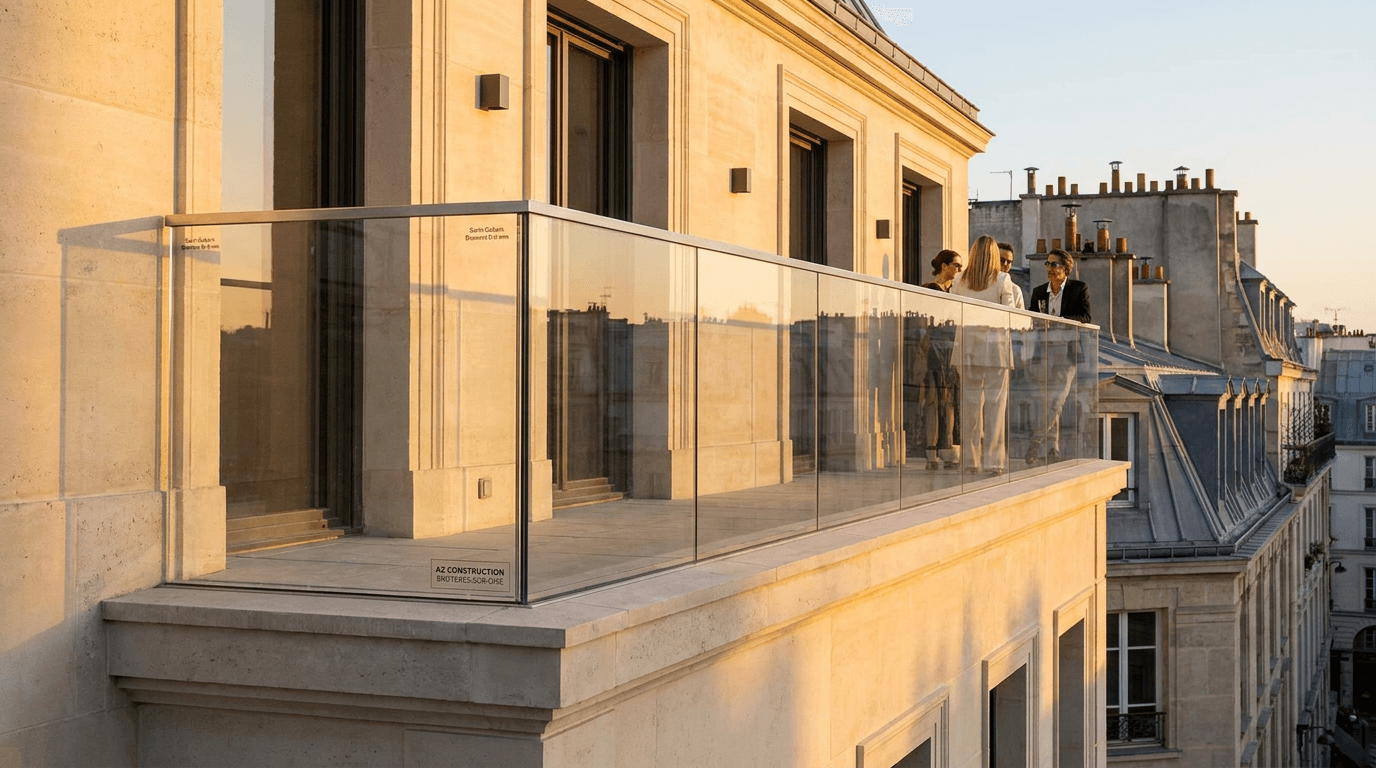 Garde-corps verre frameless feuilleté 8+8 mm Saint-Gobain Diamant + main courante inox brossé — Paris 3e Marais — AZ Construction Bruyères-sur-Oise — NF P01-012