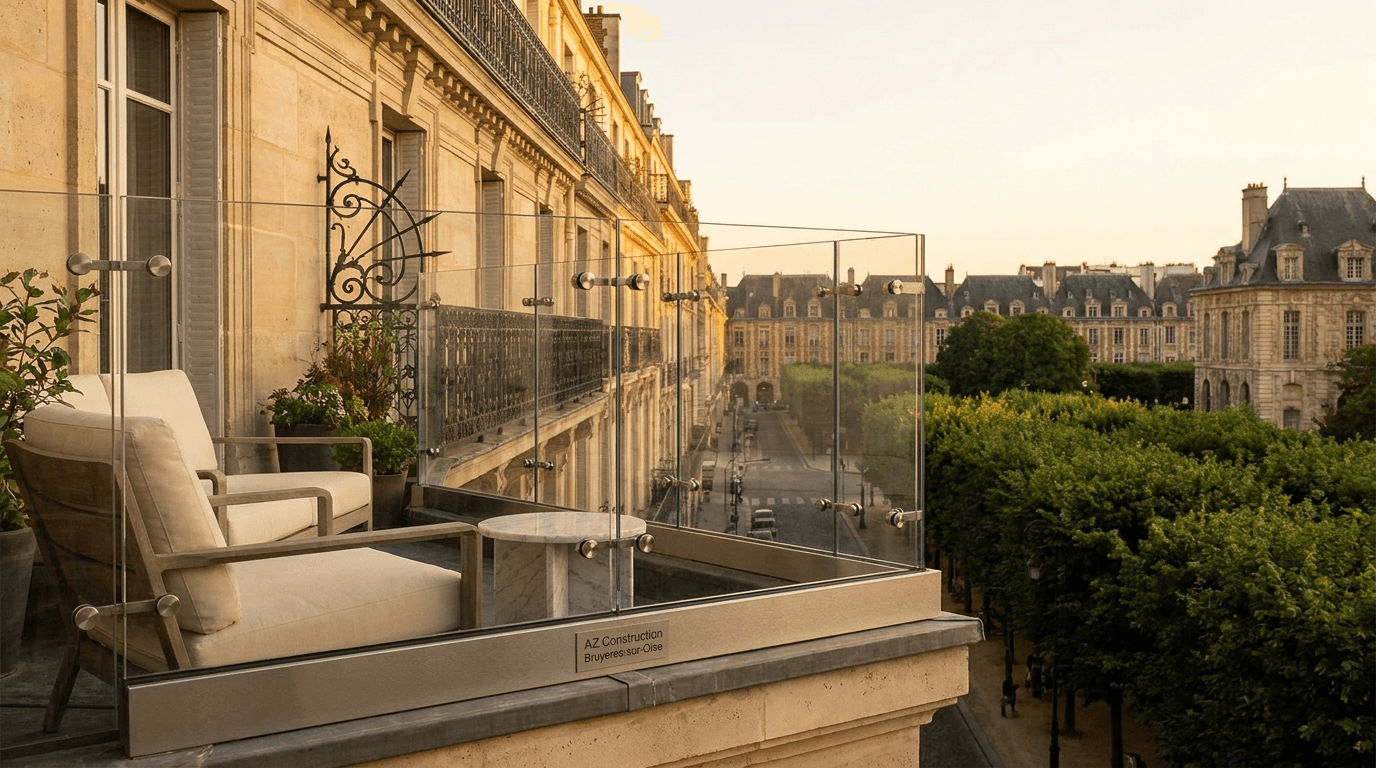 Garde-corps verre frameless feuilleté 8+8 mm Saint-Gobain Diamant + fixations inox — Paris 4e Marais Bastille — AZ Construction Bruyères-sur-Oise — NF P01-012