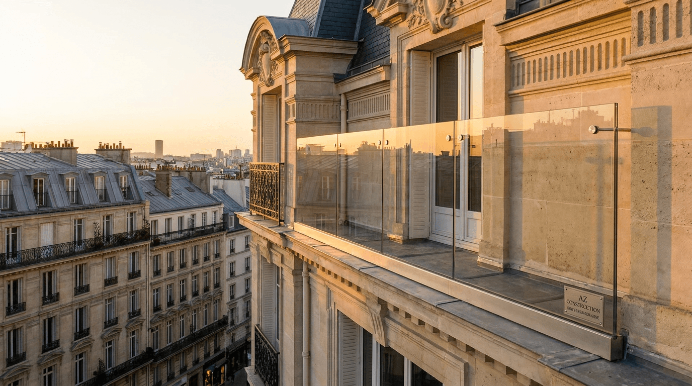 Garde-corps verre frameless feuilleté 8+8 mm Saint-Gobain Diamant + fixations inox — Paris 17e Étoile — AZ Construction Bruyères-sur-Oise — NF P01-012