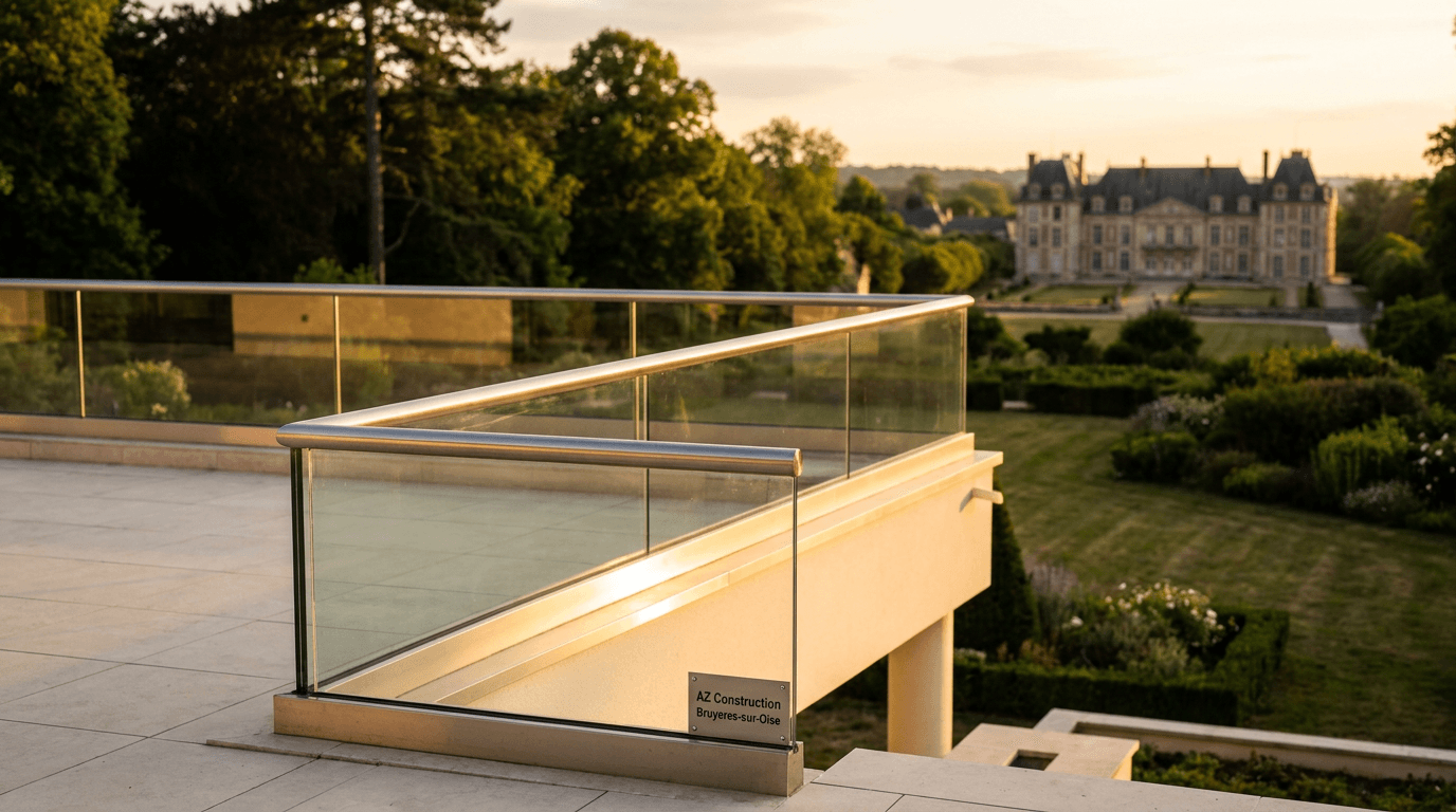 Garde-corps verre frameless feuilleté 8+8 mm Saint-Gobain Diamant + main courante inox brossé — Versailles (Yvelines 78) — AZ Construction Bruyères-sur-Oise — NF P01-012