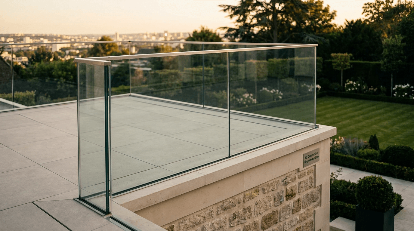 Garde-corps verre frameless feuilleté 8+8 mm Saint-Gobain Diamant + main courante inox brossé — Suresnes (Hauts-de-Seine 92) — AZ Construction Bruyères-sur-Oise — NF P01-012