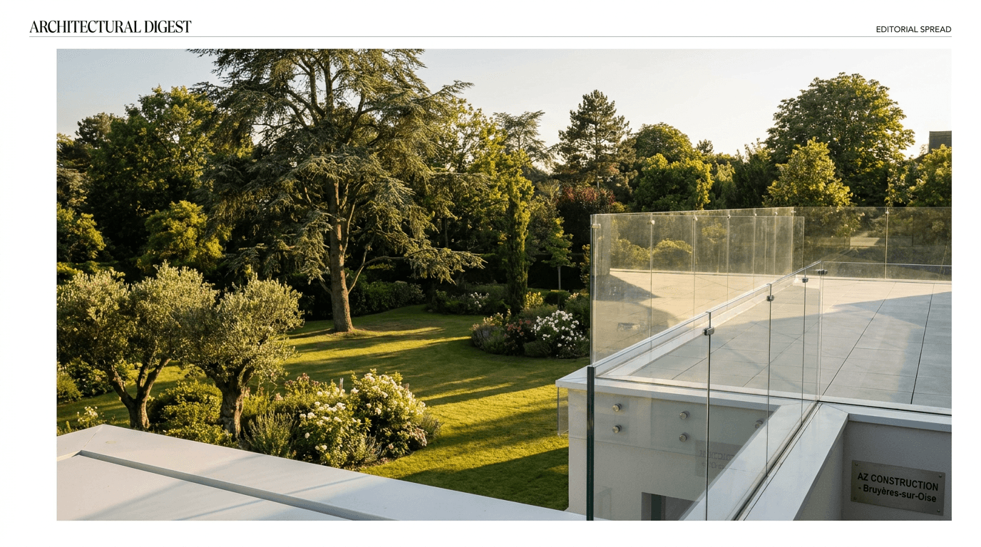 Garde-corps verre frameless feuilleté 8+8 mm Saint-Gobain Diamant + fixations inox — Rueil-Malmaison (Hauts-de-Seine 92) — AZ Construction Bruyères-sur-Oise — NF P01-012
