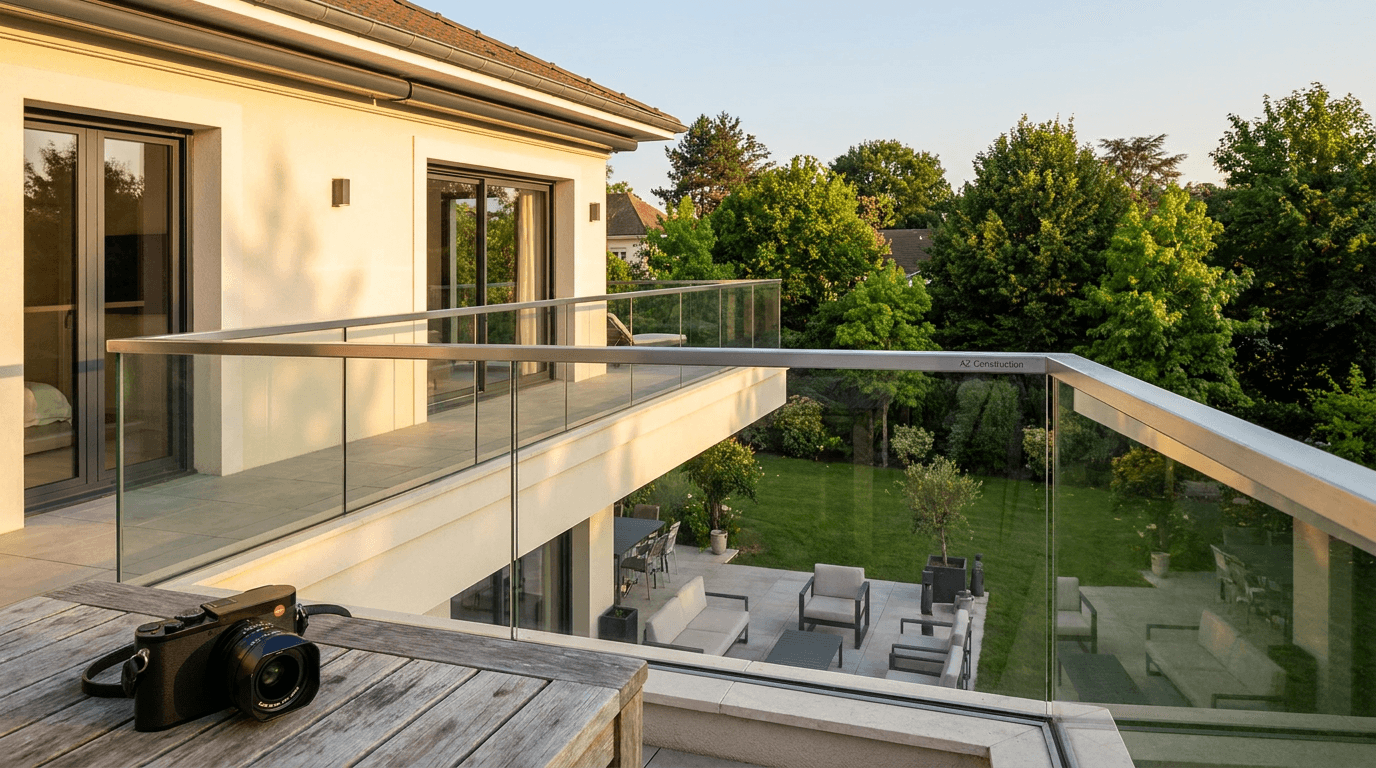 Garde-corps verre frameless feuilleté 8+8 mm Saint-Gobain Diamant + main courante inox brossé — Antony (Hauts-de-Seine 92) — AZ Construction Bruyères-sur-Oise — NF P01-012