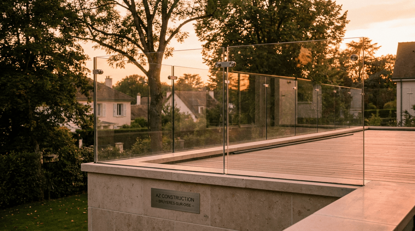 Garde-corps verre frameless feuilleté 8+8 mm Saint-Gobain Diamant + fixations inox — Sceaux (Hauts-de-Seine 92) — AZ Construction Bruyères-sur-Oise — NF P01-012