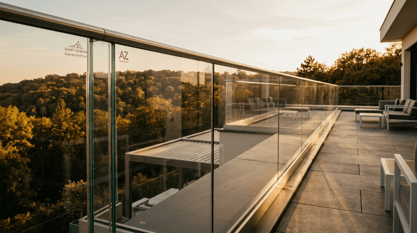 Garde-corps verre frameless feuilleté 8+8 mm Saint-Gobain Diamant + main courante inox brossé — Meudon (Hauts-de-Seine 92) — AZ Construction Bruyères-sur-Oise — NF P01-012
