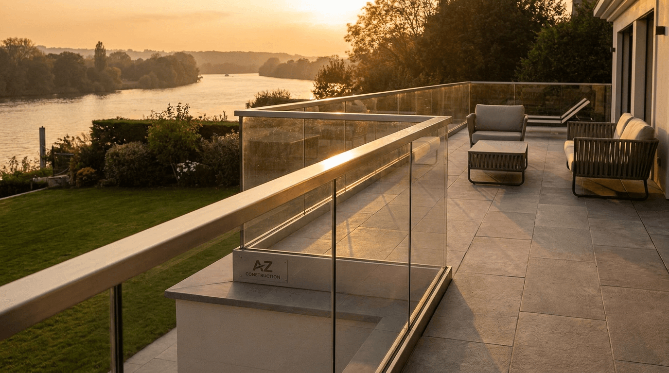 Garde-corps verre frameless feuilleté 8+8 mm Saint-Gobain Diamant + main courante inox brossé — Chatou (Yvelines 78) — AZ Construction Bruyères-sur-Oise — NF P01-012