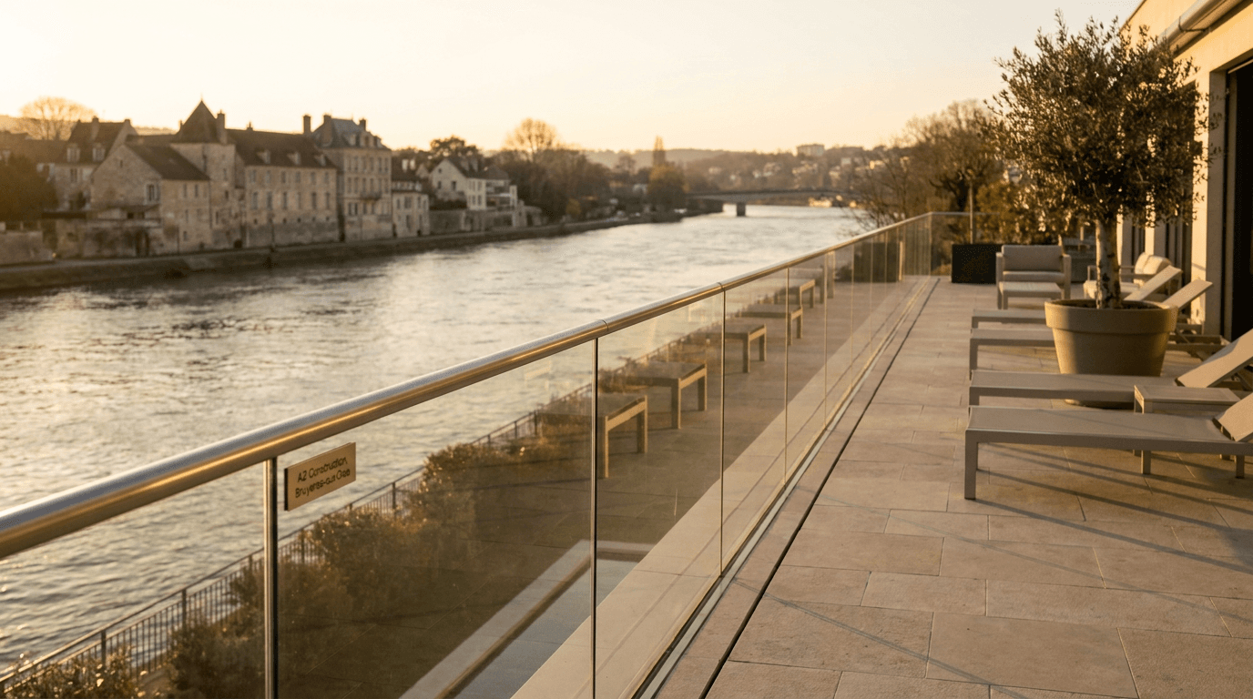 Garde-corps verre frameless feuilleté 8+8 mm Saint-Gobain Diamant + main courante inox brossé — Croissy-sur-Seine (Yvelines 78) — AZ Construction Bruyères-sur-Oise — NF P01-012