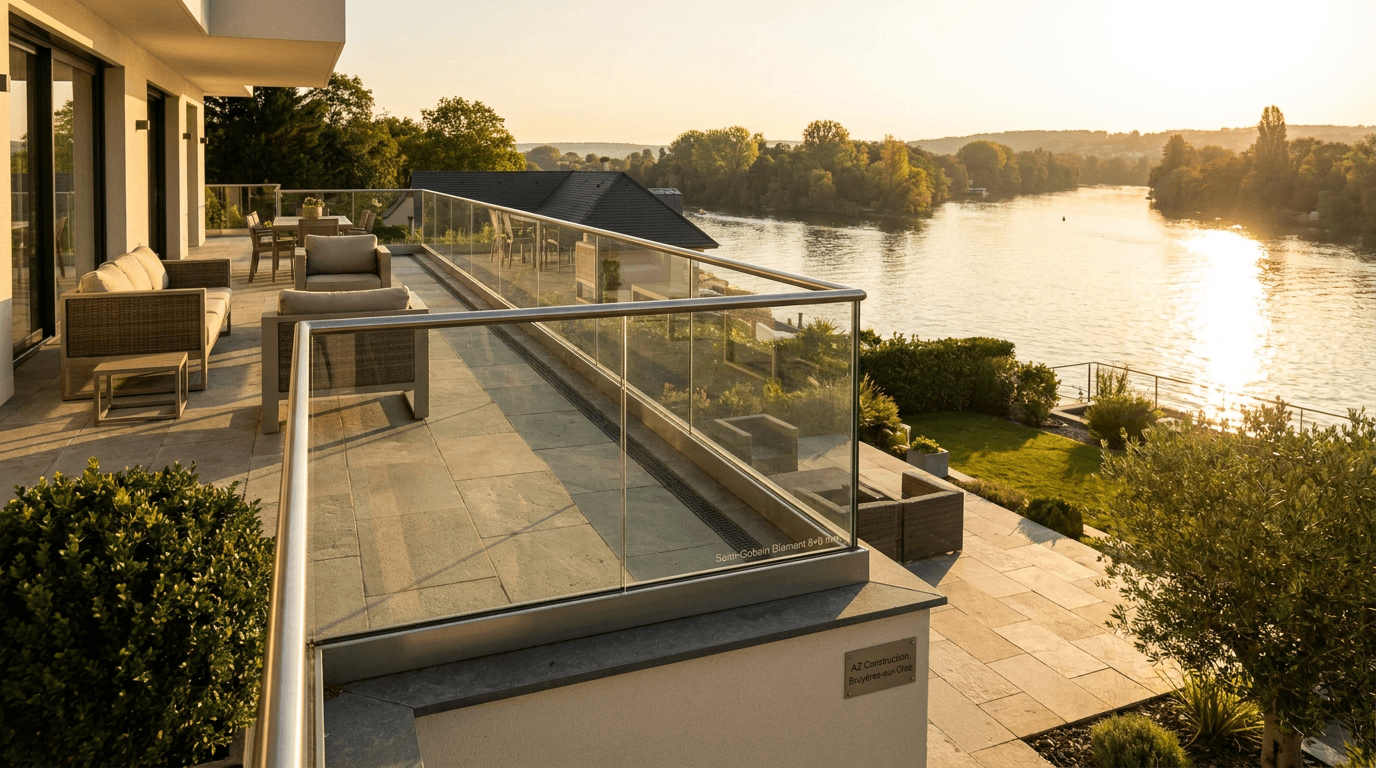 Garde-corps verre frameless feuilleté 8+8 mm Saint-Gobain Diamant + main courante inox brossé — Conflans-Sainte-Honorine (Yvelines 78) — AZ Construction Bruyères-sur-Oise — NF P01-012